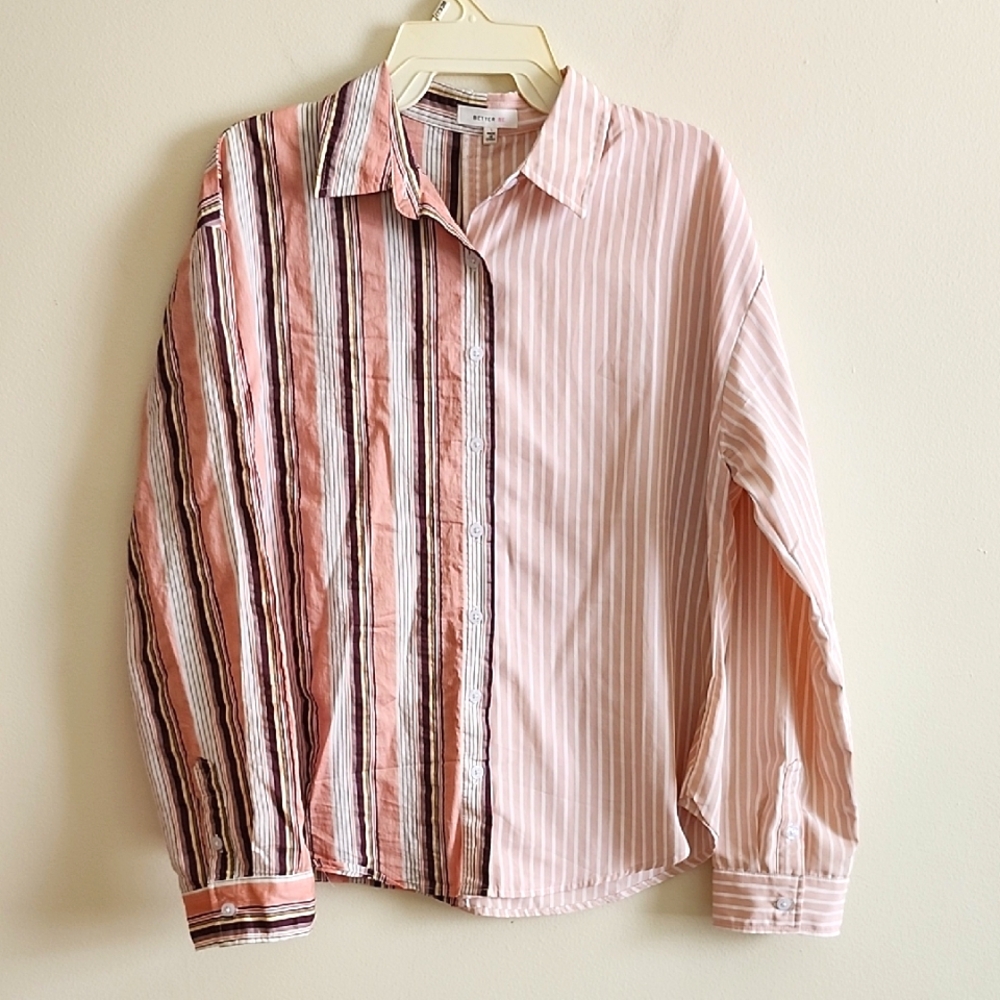 Better Be Womens Dual Statement Vertical Stripe Pink Shirt Brown Accent Large